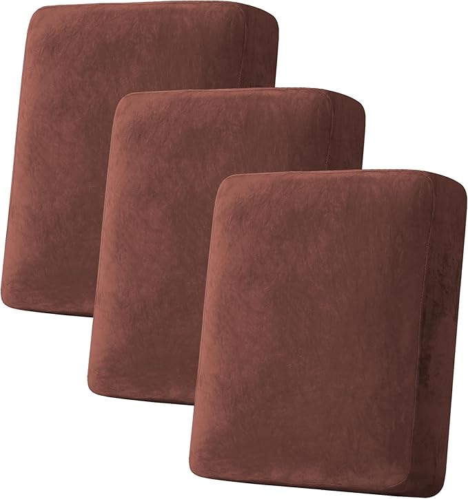 H.VERSAILTEX Velvet Stretch Couch Cushion Cover Plush Cushion Slipcover for Chair Loveseat Sofa Cushion Furniture Protector Seat Cushion Sofa Cover (3 Piece Sofa Cushion Covers, Burnt Brick)-Ruum Studio Home
