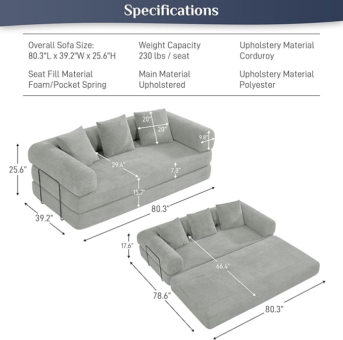 Convertible Sleeper Sofa Bed with Pillow, 4-in-1 Corduroy Folding Mattress Couch with Fixed-Shape Frame, Futon Fold Out Floor Sofa Cama Lounge Couch for Living Room Bedroom, Light Grey-Ruum Studio Home