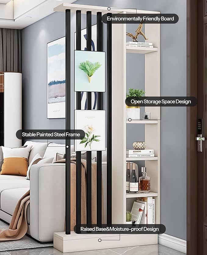 Wall Room Divider, Storage Cabinet Storage Display with Shelves, Modern Freestanding Wood Room Divider Screen, Wall Privacy Screens for Home Decorative (Beige+Black,35.4" L x 9.5" W x 79.5" H)-Ruum Studio Home