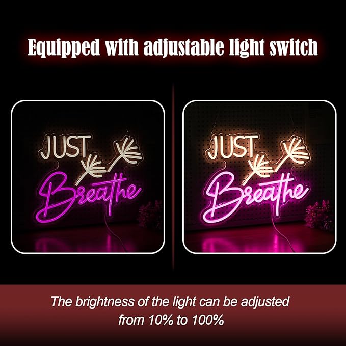 Just Breathe Neon Sign Dimmable Breathe Neon Signs Light Up Sign for Wall Decor LED Letters Neon Light by USB for Bedroom Yoga Studio Gym Reading Room(12.6 * 16.5In)-Ruum Studio Home