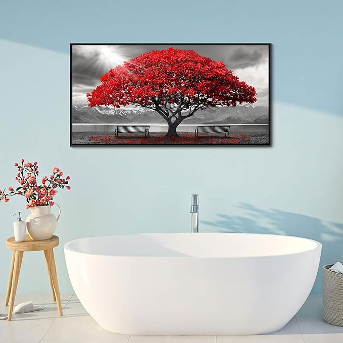 AJAZIKO Red Wall Art - Modern Framed Wall Art for Living Room - Red Tree Black and White Landscape Canvas Prints Posters & Prints for Home Office Bedroom Decorations - Large Wall Pictures 24×48IN-Ruum Studio Home