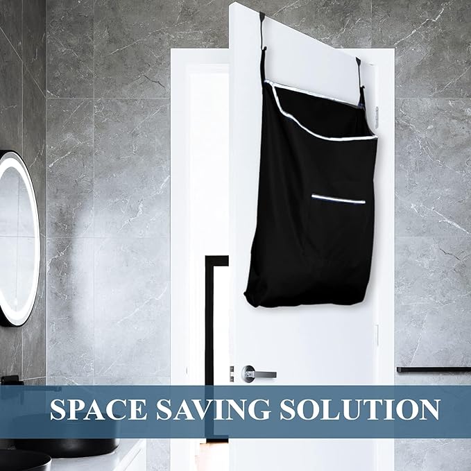 The Fine Living Co. X-Large Hanging Laundry Hamper with Over Door Hooks & Adhesive,Durable Space Saving Laundry Bag with Zipper and Wide Open Top,Hanging Dorm Laundry Hamper 20"x3.75"x31" (Black-XL)-Ruum Studio Home