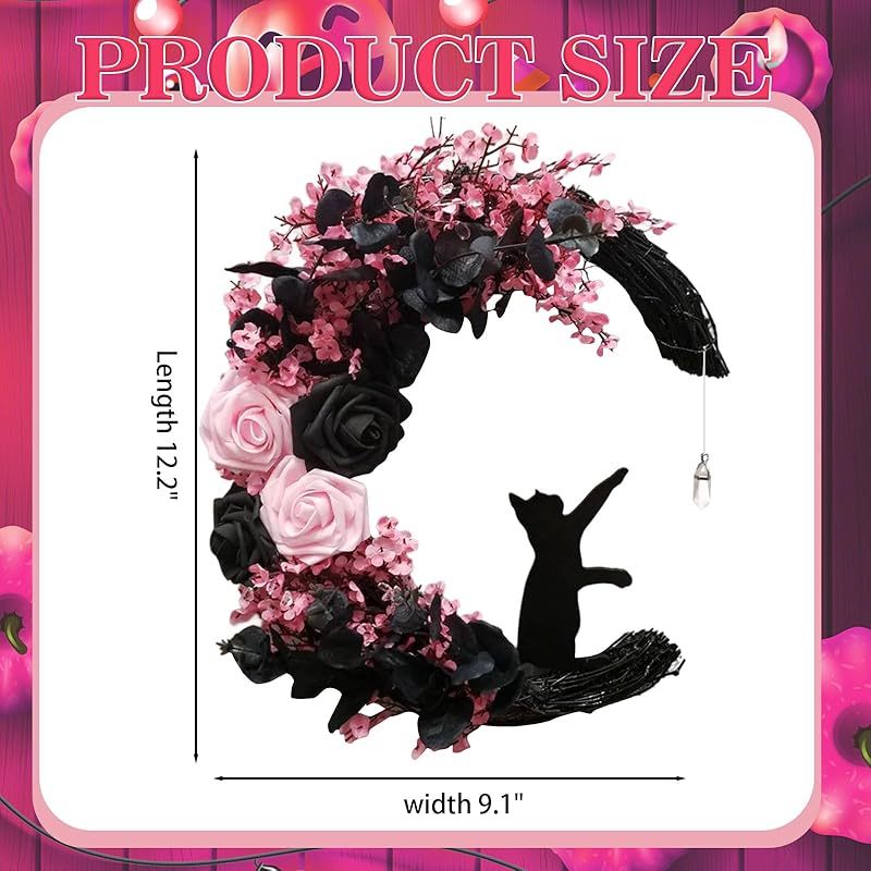 Halloween Wreaths for Front Door with Lights, Black Cat on Moon Garland with Rose Wreath Decor, Halloween Decorations Crescent Moon Wreath for Home Party Window Wall Indoor Outdoor (pink moon cat)-Ruum Studio Home