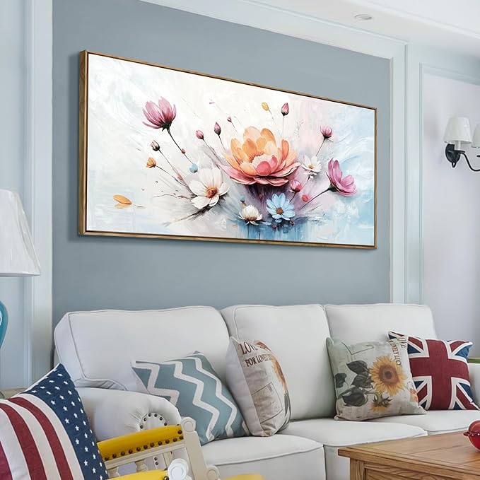 amatop Framed Floral Canvas Wall Art Picture Large Pink Blue Abstract Bloom Bouquet Print with Daisy Peony Elegant Botanical Nature Artwork for Living Room Bedroom Dining Room Entryway Decor 48x24 inch-Ruum Studio Home