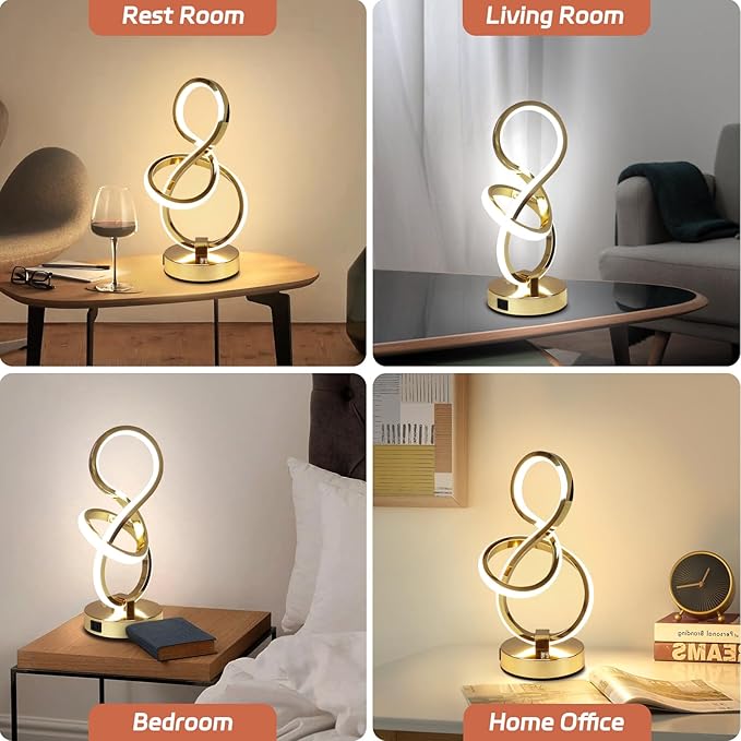 Modern Table Lamp, LED Bedside lamp with USB C+A ports, Touch Stepless Dimmable Nightstand lamp, Unique Spiral Table lamp for Bedroom Living Room Home Office, Spiral lamp for Ideal Gift, Gold-Ruum Studio Home