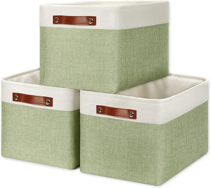 DULLEMELO Fabric Storage Bins for Laundry, Home, Foldable Storage Baskets for Shelves, Toys, Collapsible Storage Bins for Office,Bedroom(3-Pack Medium-15 inch X 11 inch X 9.5 inch , White&Green)-Ruum Studio Home