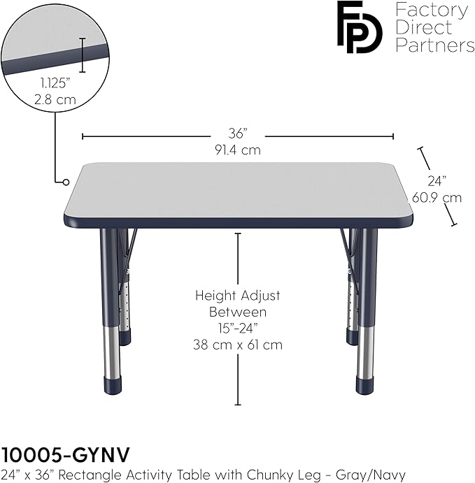 FDP Rectangle Activity School and Classroom Kids Table (24 x 36 inch), Chunky Toddler Leg, Adjustable Height 15-24 inches - Gray Top and Navy Edge-Ruum Studio Home
