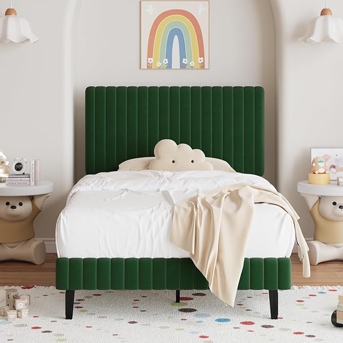 Twin Bed Frame, Velvet Upholstered Platform Bed with Vertical Channel Tufted Headboard and Footboard, No Box Spring Required, Easy Assembly, Green-Ruum Studio Home