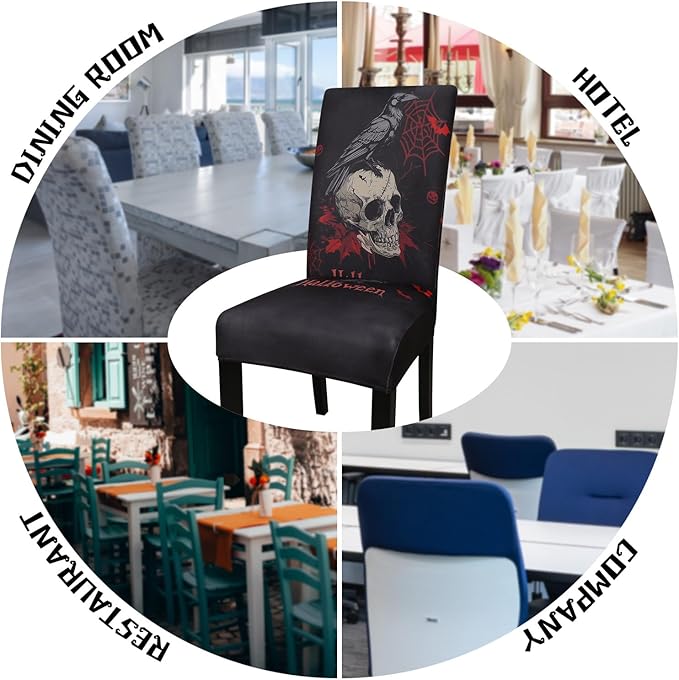 JQinHome Black Halloween Chair Slipcover,Skull Chair Covers Set of 6, High Stretch Washable Chair Protector Cover for Dining Room, Kitchen,Home Party,Wedding Ceremony(Skull Black,6PC)-Ruum Studio Home
