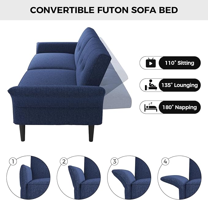 89” Futon Sofa Bed, Linen Comfy Futon Couch Bed with 2 Square Pillows, Convertible Sleeper Sofa with Adjustable Backrest& Armrests, Modern Loveseat Sleeper for Living Room, Bedroom, Blue-Ruum Studio Home