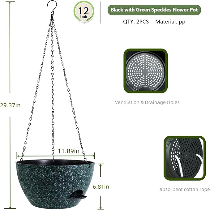 12 Inch Hanging Baskets 2 PC with Chains, Self-Watering Hanging Planters for Indoor Outdoor Plants, Plastic Hanging Flower Pots, Black with Green Speckles-Ruum Studio Home
