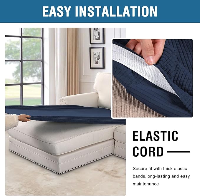 H.VERSAILTEX Super Stretch Individual Chaise Cover Sectional Couch Covers for L Shaped Sofa Both Left/Right Featuring Thick Jacquard Textured Twill Fabric (1 Piece Chaise Cover, Navy)-Ruum Studio Home