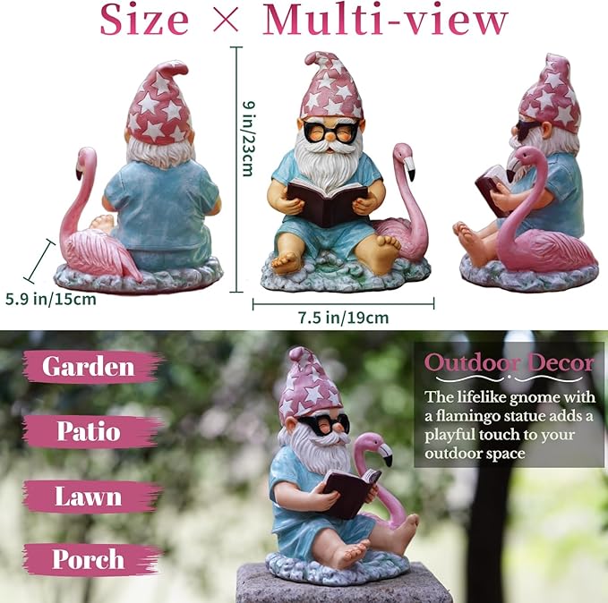 Gnome Statue Garden Decor, Resin Gnome and Flamingo Figurines Outdoor Decorations for Yard Art Porch Lawn Ornaments, Unique Housewarming Gifts-Ruum Studio Home