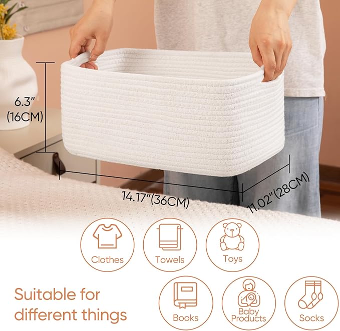 OIAHOMY 4 Pack 14.17*11.02*6.3IN Storage Baskets for Organizing Shelves, Woven Rope Baskets for Organizing Books, Clothes, Decorative Basket for Living Room, Nursery, Bedroom, Gift Basket, White-Ruum Studio Home