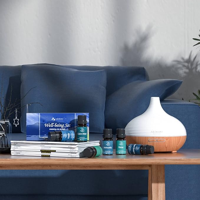 ASAKUKI Essential Oil Blends, Essential Oils for Diffusers for Home, Well-Being Kit- Calm Mind, Sweet Dreams, Happy, Relax, Air Freshening, Immunity for Aromatherapy, Humidifiers, Massage, 6x10ml-Ruum Studio Home