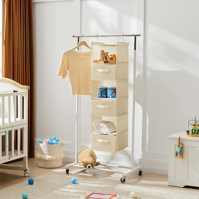 MAX Houser 6 Tier Shelf Hanging Closet Organizer, Closet Hanging Shelf with 2 Sturdy Hooks for Storage, Foldable (Beige-D3)-Ruum Studio Home