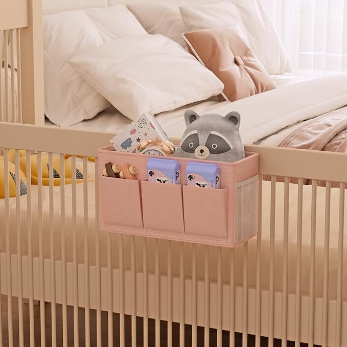 Dual-purpose Bedside Caddy Bedside Organizer, Bed Caddy with 6 Pockets, Versatile Bedside Storage Solution Magazine Remotes holder, ideal for Home, Dorm, Hospital, Crib Bed (Pink)-Ruum Studio Home
