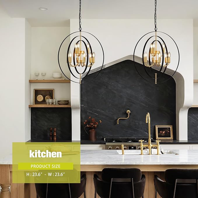 9-Light Globe Rustic Metal Chandelier, 23.6" Black Gold Adjustable Hanging Ceiling Pendant Light Fixture for Entryway Foyer Stairway Bedroom Dining Living Room Hallway-Ruum Studio Home