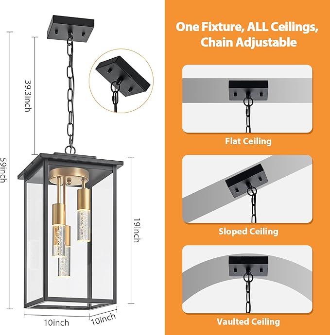 3-Color LED Outdoor Pendant Light with Remote, 3-Light 19" Large Outdoor Chandelier for Porch, Black Gold Exterior Pendant Lighting Fixtures Ceiling Mount Pendant Lantern for Patio Front Door-Ruum Studio Home