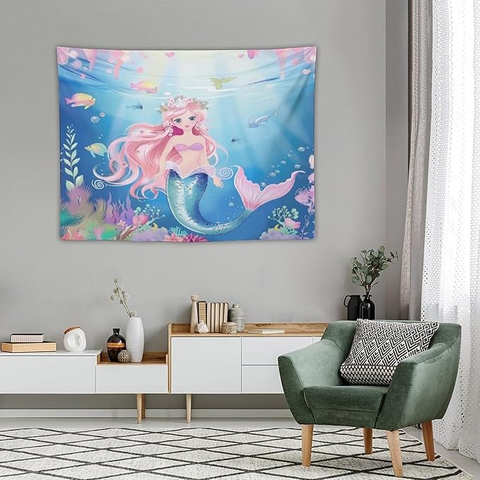 HZOHNAGO Mermaid Girls Tapestry Watercolor Mermaid Princess Pattern Printed Wall Tapestry Wall Hanging for Bedroom Living Room Dorm 40" W x 30" H-Ruum Studio Home