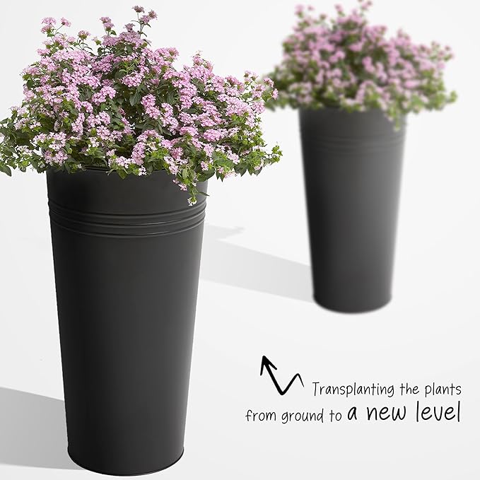 KOL 22''H 2-Pack Planter with Water Level Indicator - Galvanized Steel Pot - Self Watering Planters Flower Pot for Plant - Inner Pot Design - Round Metal Planter Box - Indoor Outdoor Planting - Black-Ruum Studio Home