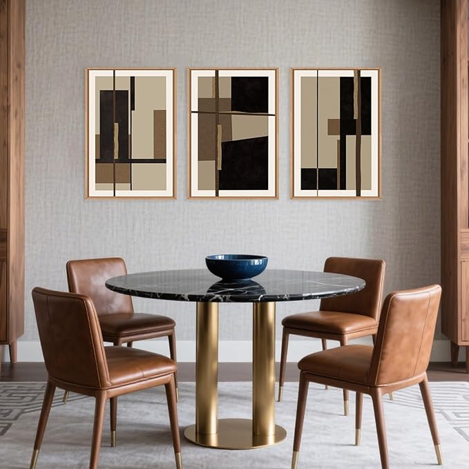 Abstract Shapes Framed Canvas Wall Art Set, Mid-Century Black Polygon Wall Decor, Black Brown Irregular Painting, Neutral Modern Art Print for Living Room, Dining Room, Office - 16"x24"x3-Ruum Studio Home