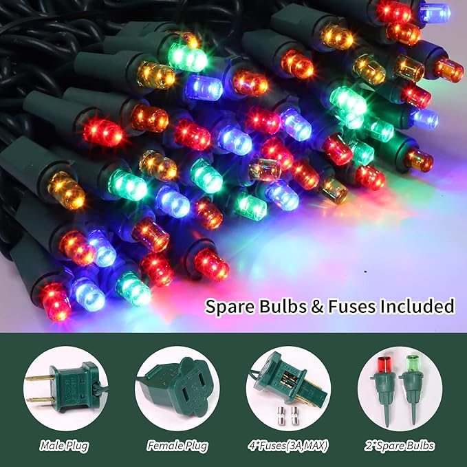 Multicolor Wide Angle LED Christmas Lights, 64.8 Ft 300 Count, Pack of 3 Strands 21.9 Ft 100 Lights UL Certified Commercial Grade Green Wire 5mm Holiday String Light-Ruum Studio Home