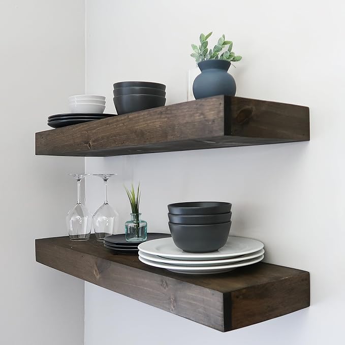 Modern Floating Shelves 3 Inches Thick for Wall, Wide Shelves for Kitchen, Living Room, Bedroom, and Bathroom, Natural Pine Wood, Rustic Wooden Shelf, (Set of 2) (Jacobean, 36Lx3Hx6D)-Ruum Studio Home