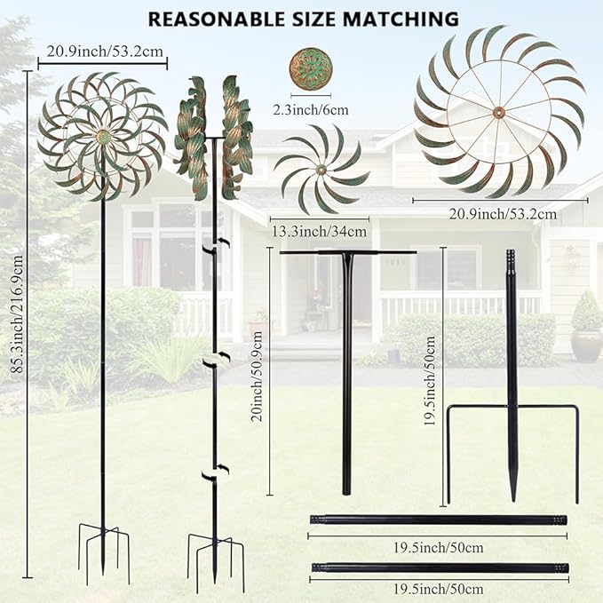 Viveta Large Outdoor Wind Spinner,21 * 85 inches Metal Wind Sculpture with 4 Sturdy Stakes,Green Double Wind Spinners,Decorative Windmill for Yard and Garden-Ruum Studio Home