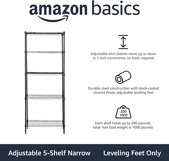 Amazon Basics 5-Shelf Multipurpose Adjustable Sturdy Steel Storage Shelving Unit, Easy Assembly, 13.4" D x 23.2"W x 60"H, Black-Ruum Studio Home