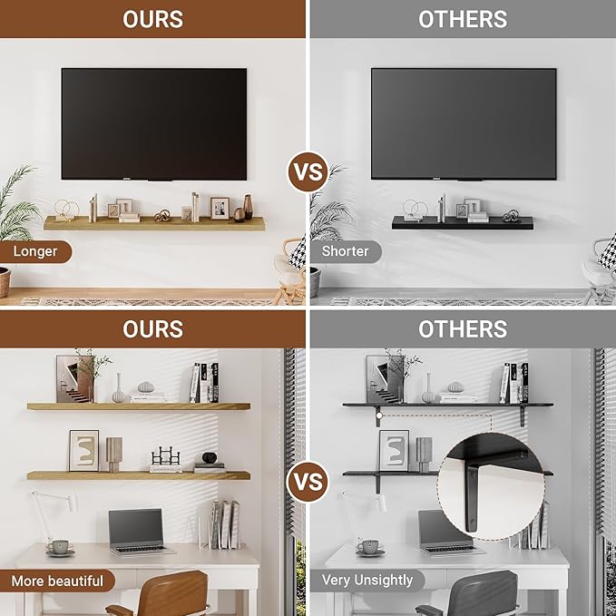 Heimlove Floating Shelves for Wall 48 Inches Long,9.3" Deep Oak Floating Shelf Set of 2,Wall Mounted Wood Shelves for Bathroom Bedroom Living Room Kitchen Office,Shelf for Books Storage Room Decor-Ruum Studio Home