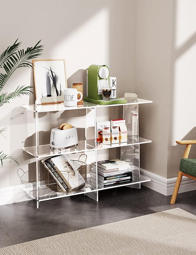 Acrylic Bookshelf, Small 3 Tier Open Bookcase for Small Spaces,Sofa Table, Hallway Entry Table for Home Living Room (Clear, 39.4'' x 11.8'' x 31.5'')-Ruum Studio Home