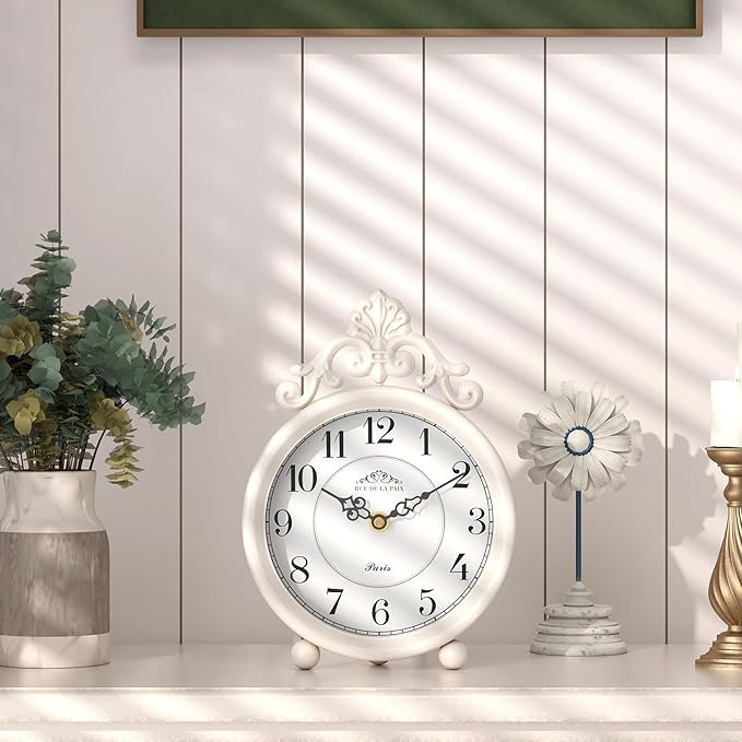 Vintage White Table Clock, Desk and Shelf Mantel Clock, French Rustic Antique Style Decor Clocks, for Farmhouse, Bedroom, Living Room, Bedside, Gift (9" H x 6.3" W)-Ruum Studio Home