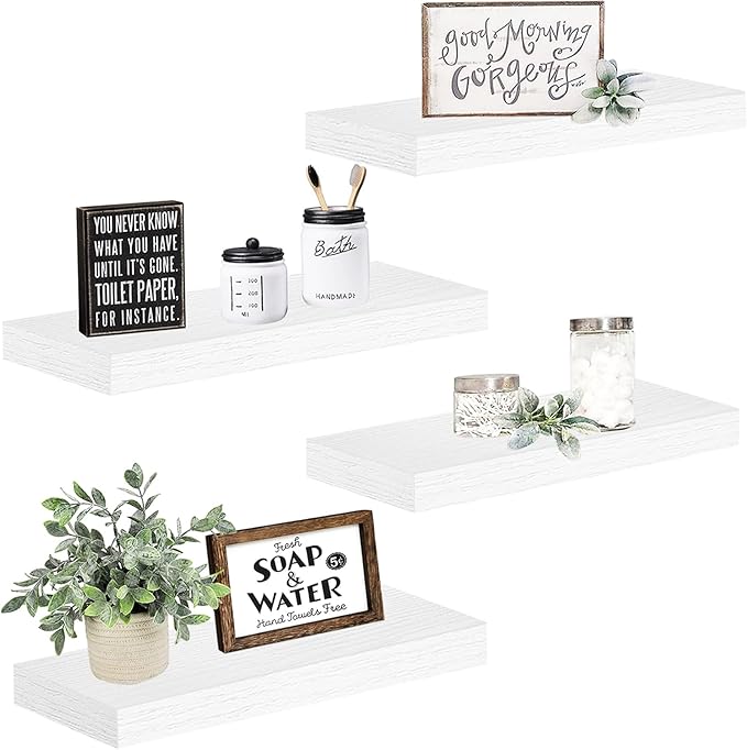 QEEIG Floating Shelves for Wall Bathroom Shelf Bedroom Kitchen Living Room Farmhouse Small Book Shelf 16 inch Set of 4, White (015-W4)-Ruum Studio Home