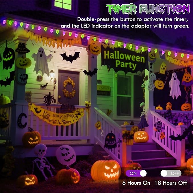 Extendable Purple and Green 2PK 100 LED C9 Halloween Lights Indoor Outdoor Waterproof, 98FT Super Bright C9 String Lights 13 Modes with Timer for Tree Patio Party Garden Halloween Decorations-Ruum Studio Home