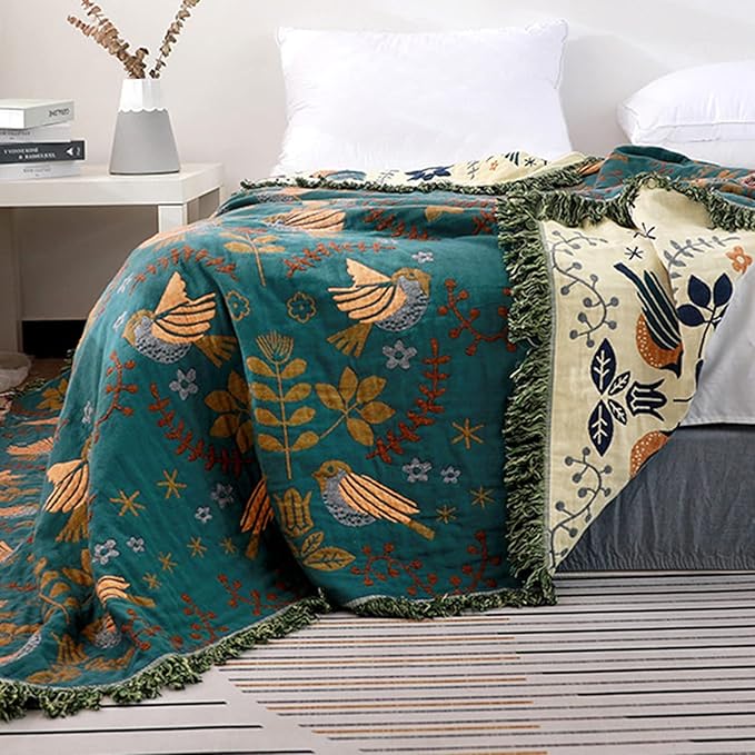 Bed Blankets Versatile Fall Throw Blanket,Boho Blanket & Organic Cotton Throw Blanket,Perfect for Beds,Couches,Chairs,& Vintage Décor,Featuring Unique Bird & Flower Patterns-Ruum Studio Home