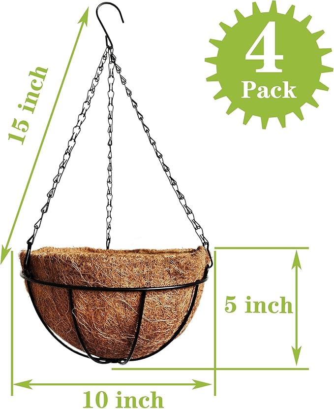 4 Pack 10 inch Metal Hanging Planters Basket with Coco Coir Liner Outdoor-Hanging Baskets for Plants Outdoor,Metal Wire Baskets with Window Box Planters, Hanging Flower Pots for Railings-Ruum Studio Home