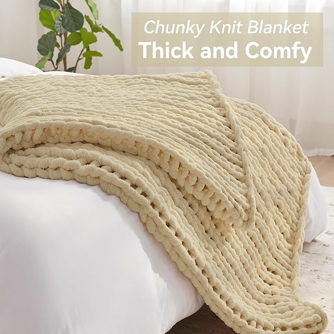 Chunky Knit Throw Blanket, 50''*60'' Knitted Throw Chenille Yarn for Bed Couch, Handmade Oatmeal Crochet Big Thick Blanket, Machine Washable Cute Comfy Blanket for Home Decor-Ruum Studio Home