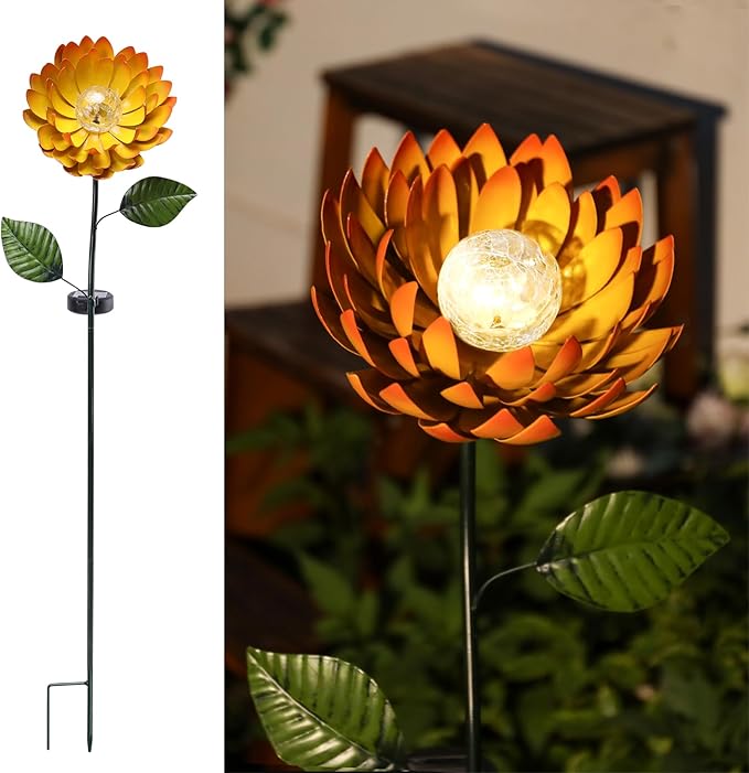 VCUTEKA Solar Garden Lights Metal Flower Decor Colorful Yellow Flowers Solar Pathway Light with LED Cracked Crystal Ball Outdoor Decorative Stake for Patio Yard Lawn-Ruum Studio Home