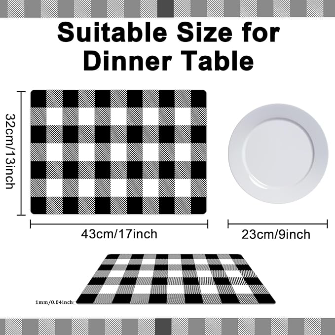 Black and White Plastic Placemats Set of 6 Check Plaid Table Mats Black Buffalo Plaid Place Mats Wipe Clean Washable Table Placemats for Indoor Outdoor Heat Resistant Kitchen Dining Table-Ruum Studio Home