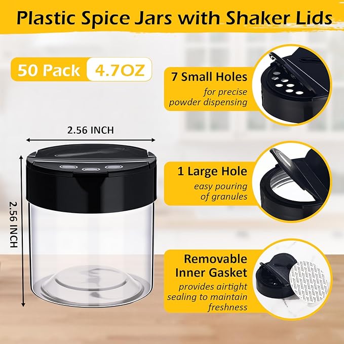 50 Pack 4.7 oz Plastic Spice Jars with Black Cap Empty Clear Plastic Spice Bottle Containers Reusable Seasoning Jars with Shaker Lids for Kitchen Storing and Dispensing Salt Powders-Ruum Studio Home