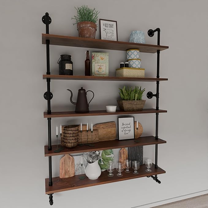 Industrial Pipe Wall Shelves Pipe Shelving with Real Wood Plank ,48 Inches Floating Shelves for Wall Farmhouse Pipe Book Shelves Dark Brown 5 Tier for Kitchen,Living Room Decor and Bar Shelving-Ruum Studio Home