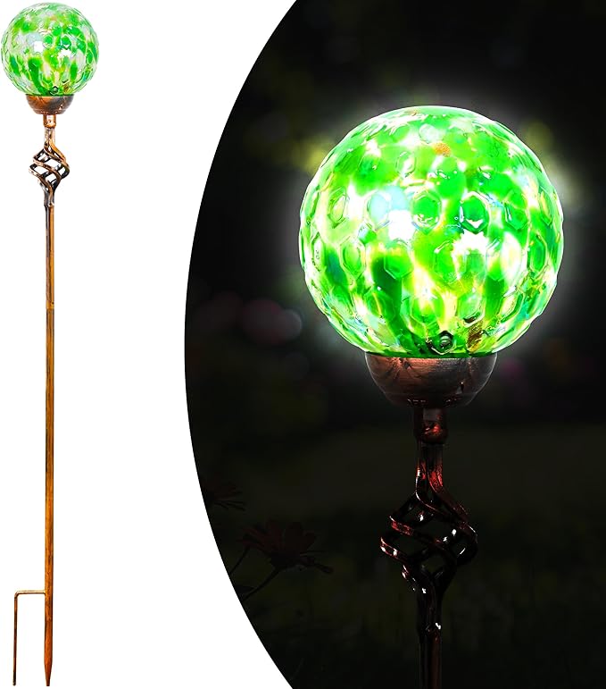 Garden Solar Lights, Decorative LED Honeycomb Glass Ball Garden Stake, Glass and Metal Outdoor Decoration, 4 x 31 Inch (Green)-Ruum Studio Home