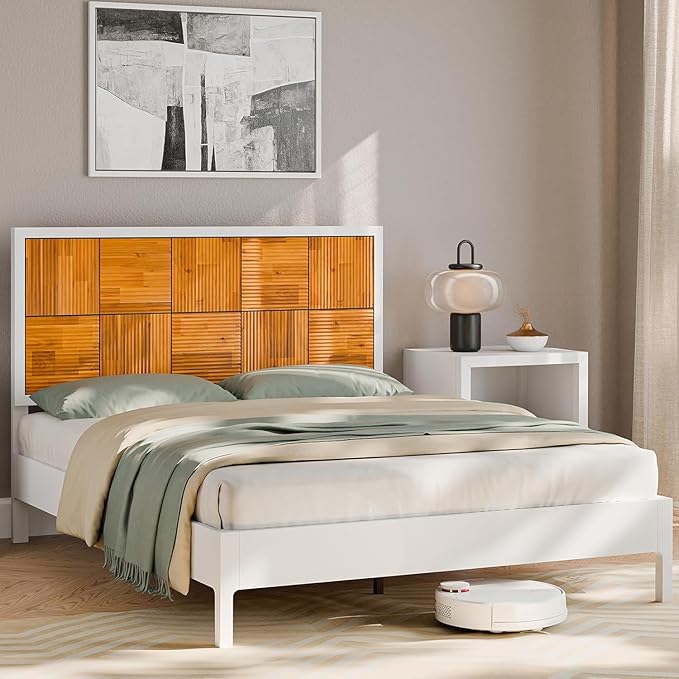 Bme Madia Bed Frame, Mid Century Queen Bed Frame and Headboard with Unique & Trendy Fluted Pattern, 800lbs Capacity Platform Bed Frame, Solid Acacia Wood Slat Support, Easy Assembly White Bed Frame-Ruum Studio Home