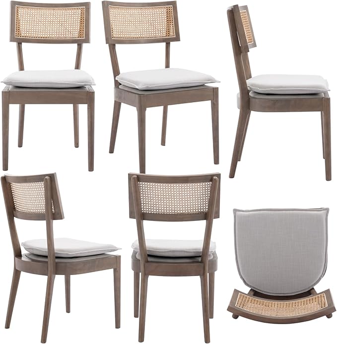 Rattan Dining Chairs Set Of 4 , Mid Century Modern Upholstered Cane Back Chairs with Removable Linen Cushion , Retro Farmhouse Natural Wooden Kitchen & Dining Room Chairs for Restaurant Living Room-Ruum Studio Home