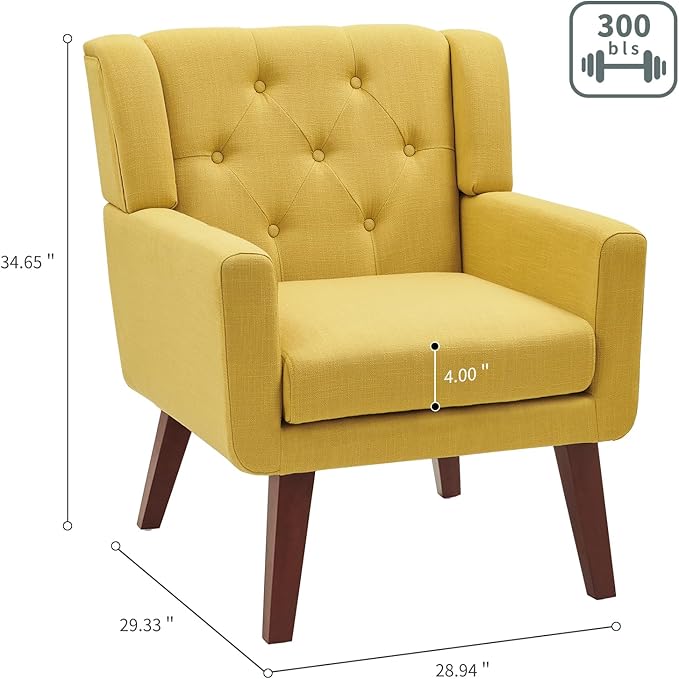 Accent Chairs Set of 2, Button-Tufted Upholstered Living Room Chairs Set of 2, Comfy Reading Chair Mid Century Modern Chairs with Linen Fabric Lounge Arm Chairs for Bedroom (Bright Yellow)-Ruum Studio Home