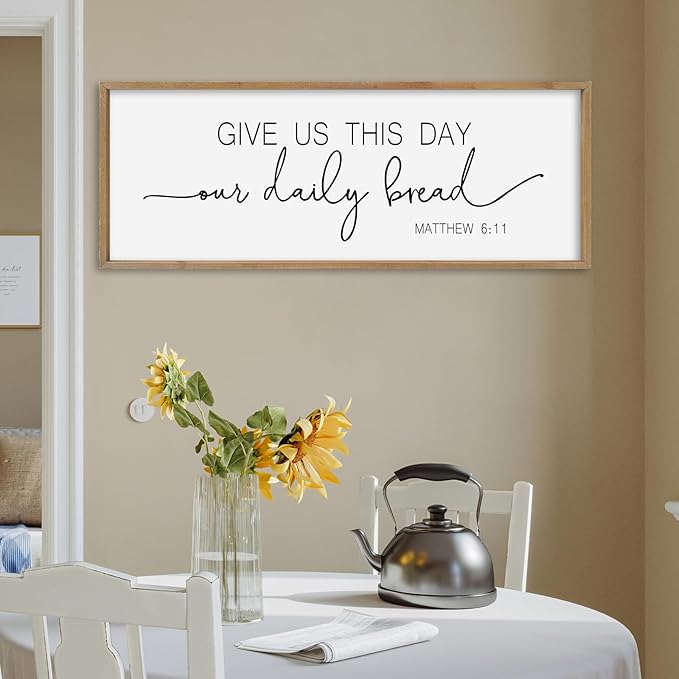 SRSZHIYUE Give Us This Day Our Daily Bread Sign Wall Decor Art 32"×12" Matthew 6:11 Dining Room Kitchen Large Wood Framed Wall Hanging (Wood)-Ruum Studio Home