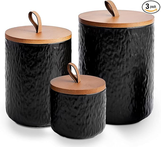 JOJUNO Black Ceramic Canister Set with Wooden Lid, 3-Piece Airtight Food Storage Jars for Kitchen Counter - Flour, Sugar, Coffee, Tea, Spice - Small, Medium, Large Sizes - Stone Texture-Ruum Studio Home