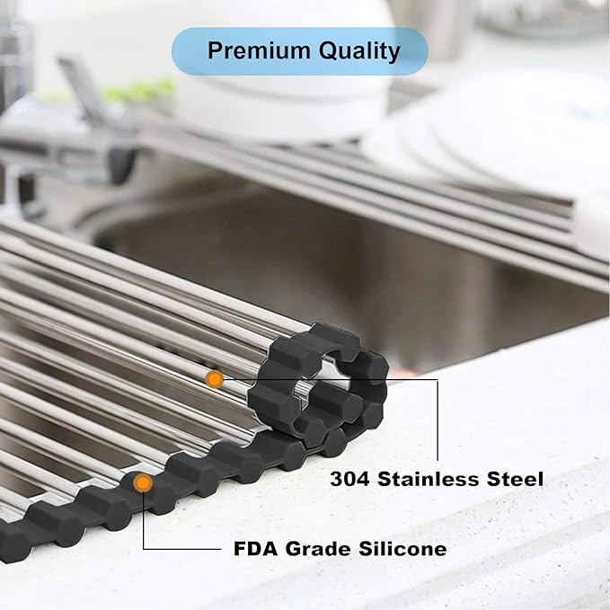 Searik Stainless Steel Over The Sink Dish Drying Rack, Roll Up Foldable Kitchen Sink Drainer Rack (17.7"x 11.8")-Ruum Studio Home