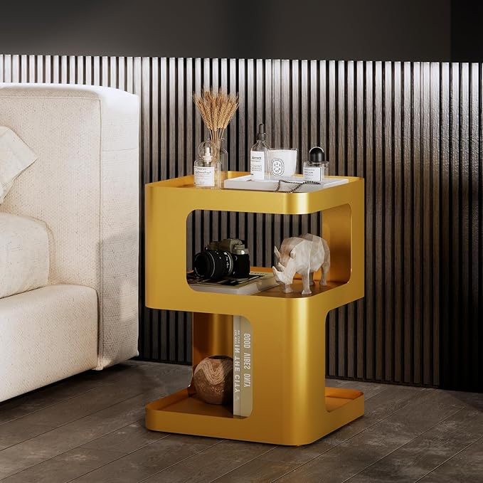 Gold Side Table,Modern end Table,Unique nightstand,Bedside Tables,Metal Accent Side Table with Storage for Living Room Bedroom Couch,no Assembly Required-Ruum Studio Home